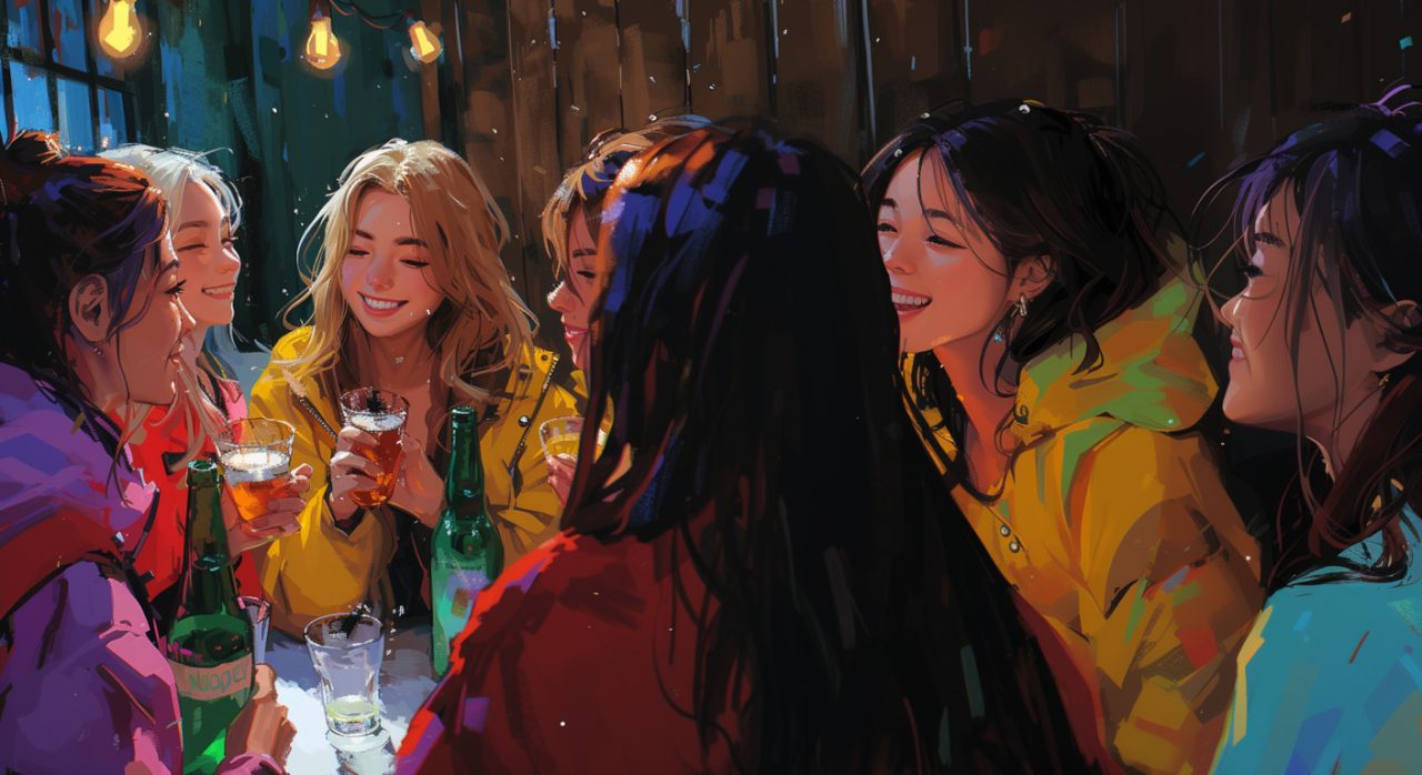 En gjeng med jenter som drikker øl og koser seg
