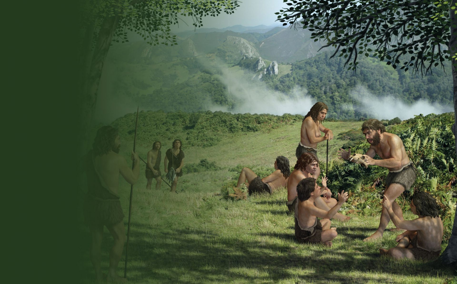Neandertalere i et grønt og frodig landskap