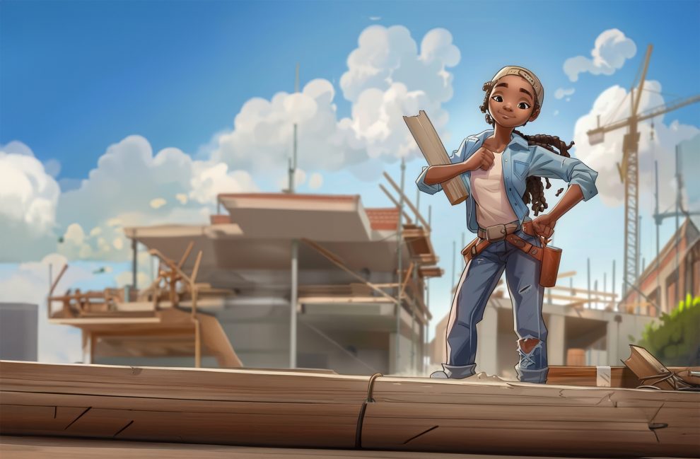 En jente jobber som byggearbeider på en byggeplass