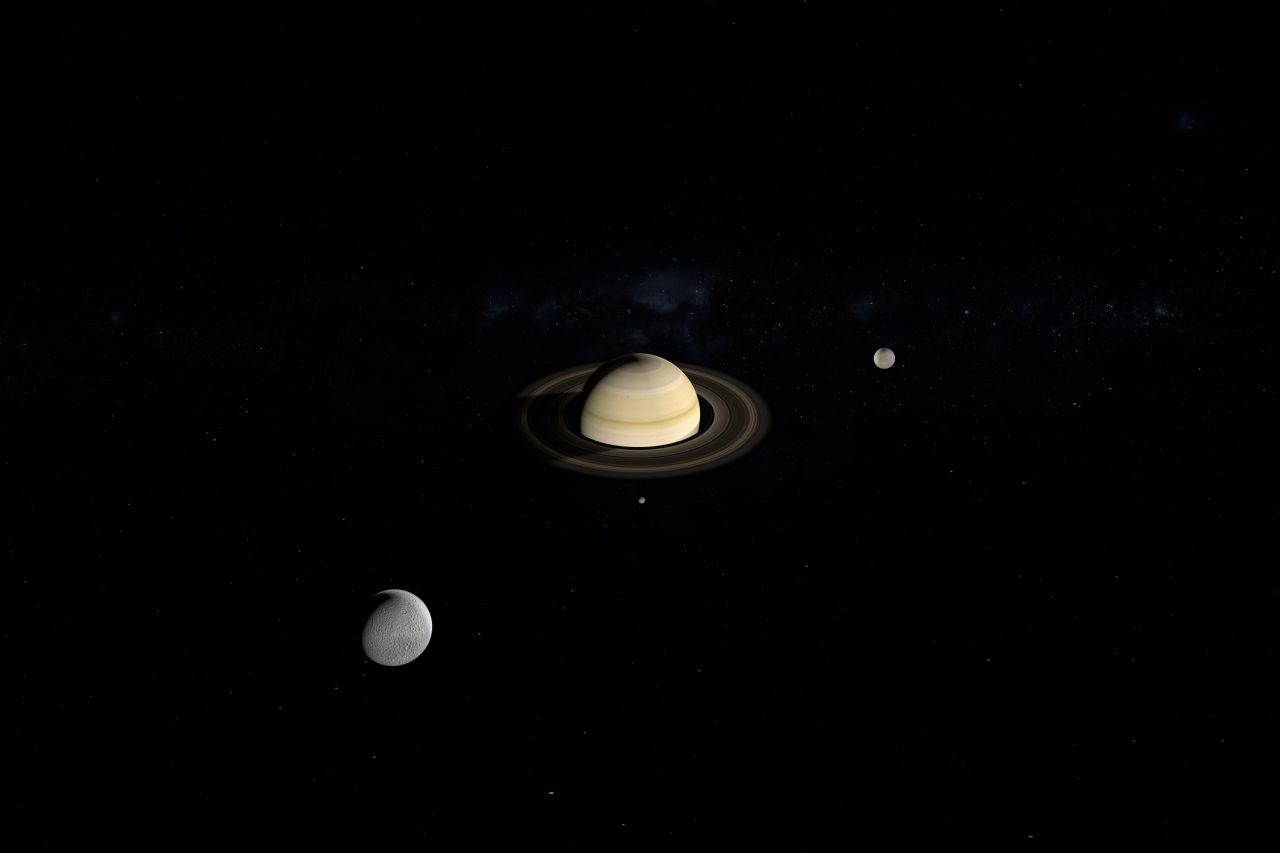 Tethys, Mimas and Enceladus orbiting around Saturn planet. 3d render