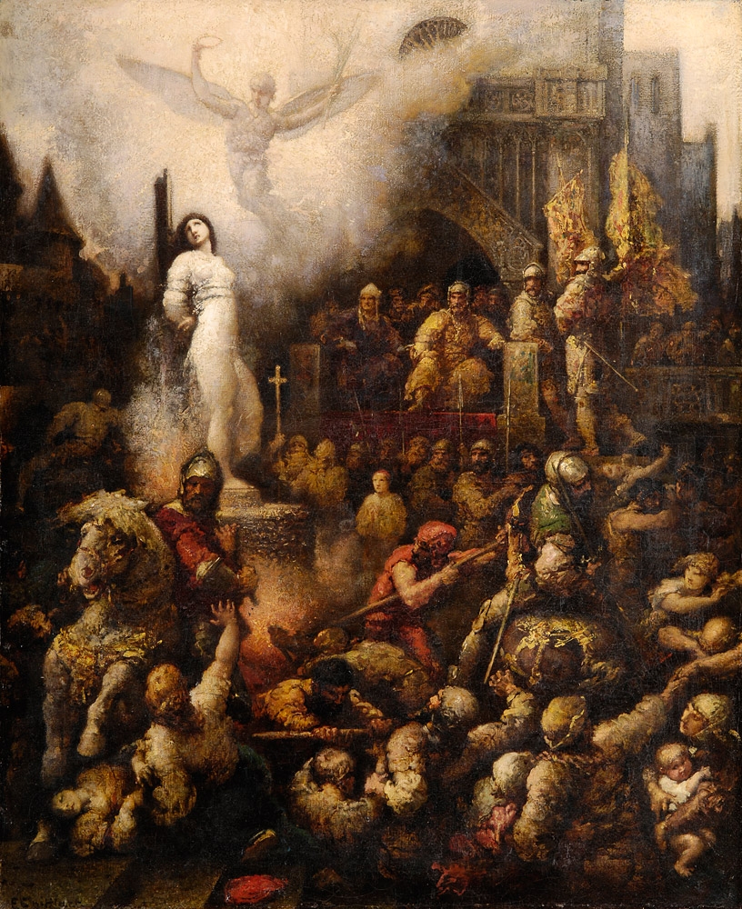 Jeanne d'Arc brennes på bålet med en stor folkemengde rundt seg, og en engel som kommer svevende ned fra himmelen.