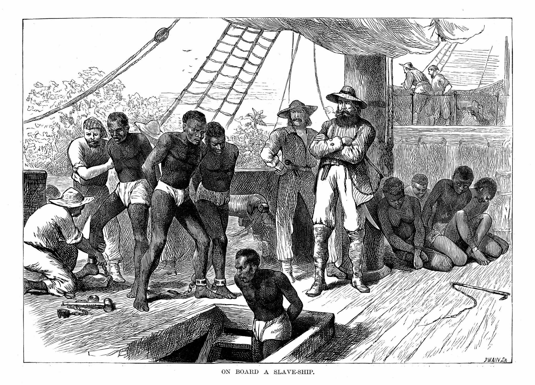 Tegning av slaver som blir tvunget ombord på et skip.