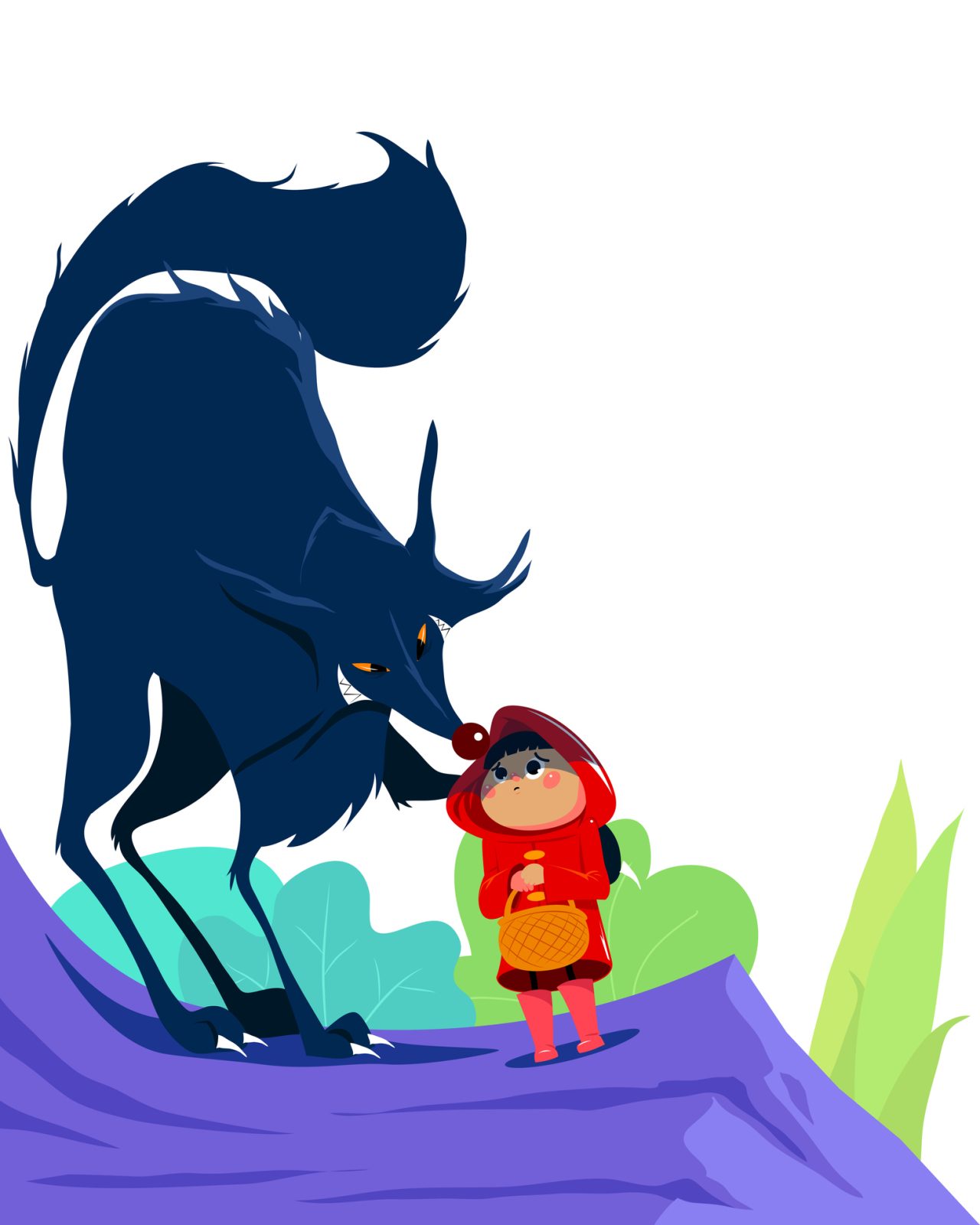 En stor mørk ulv og ei lita jente med røde klær og kurv.