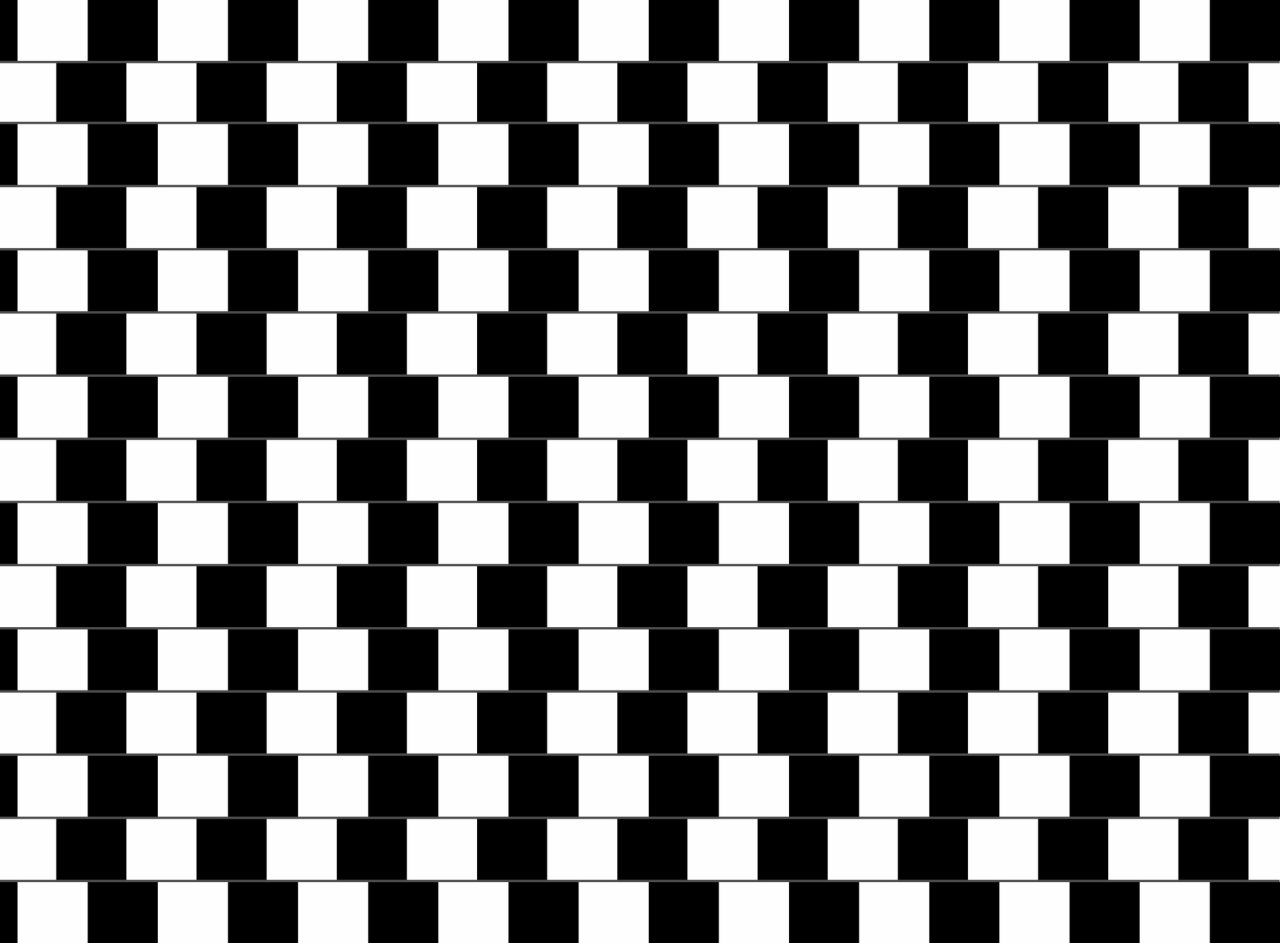 Sjakkrutete mønster der de rette linjene ser bøyde ut.
