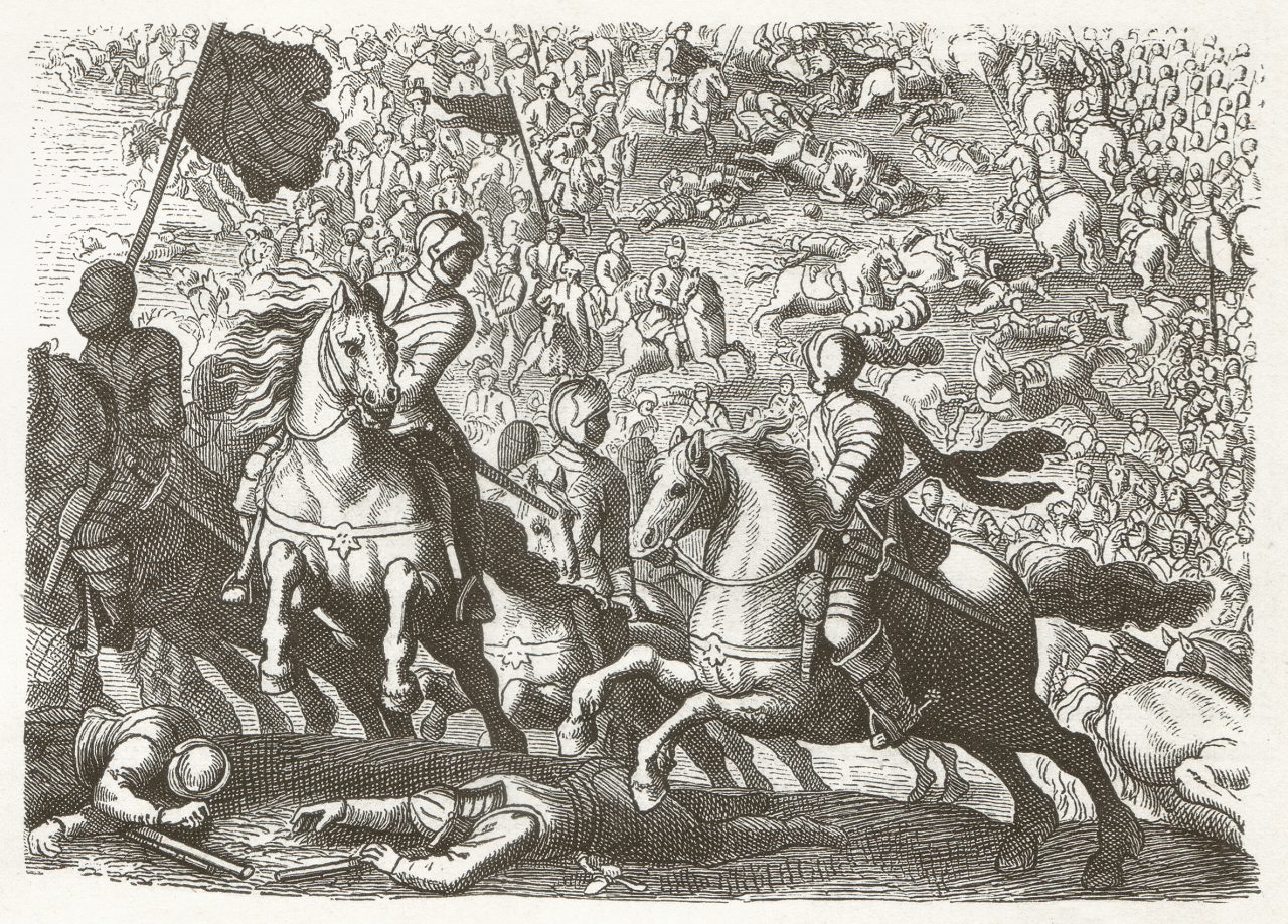 Ryttere til hest flykter fra slaget om Lützen i 1632.