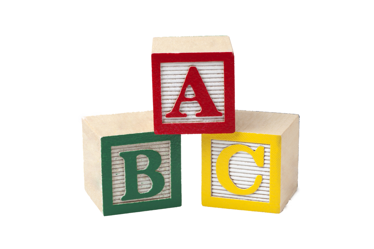 Treklosser med bokstavene ABC i ulike farger.