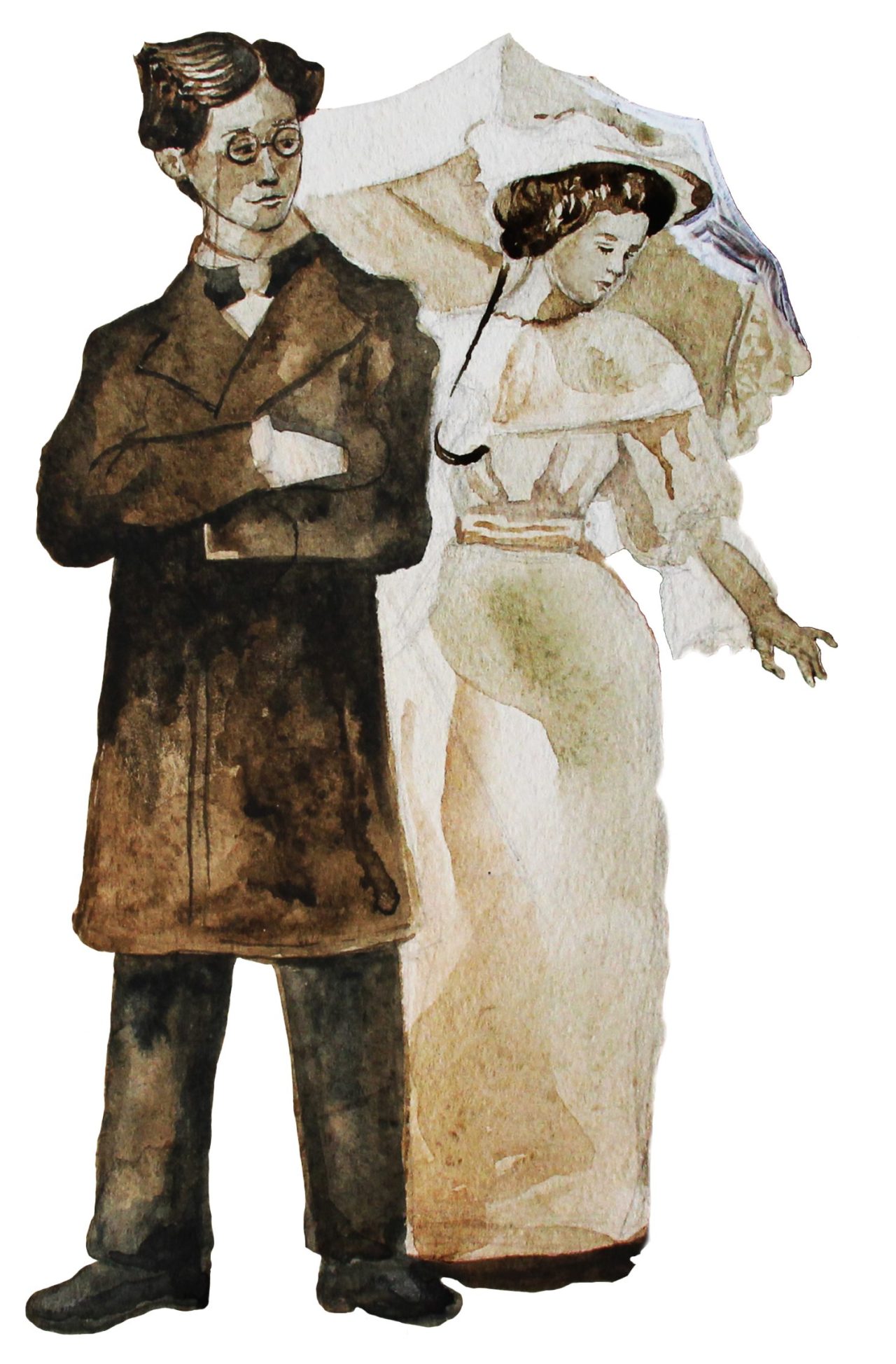 Ektepar fra tidlig 1900-tallet der mannen i mørke klær står foran kvinnen i hvite klær.