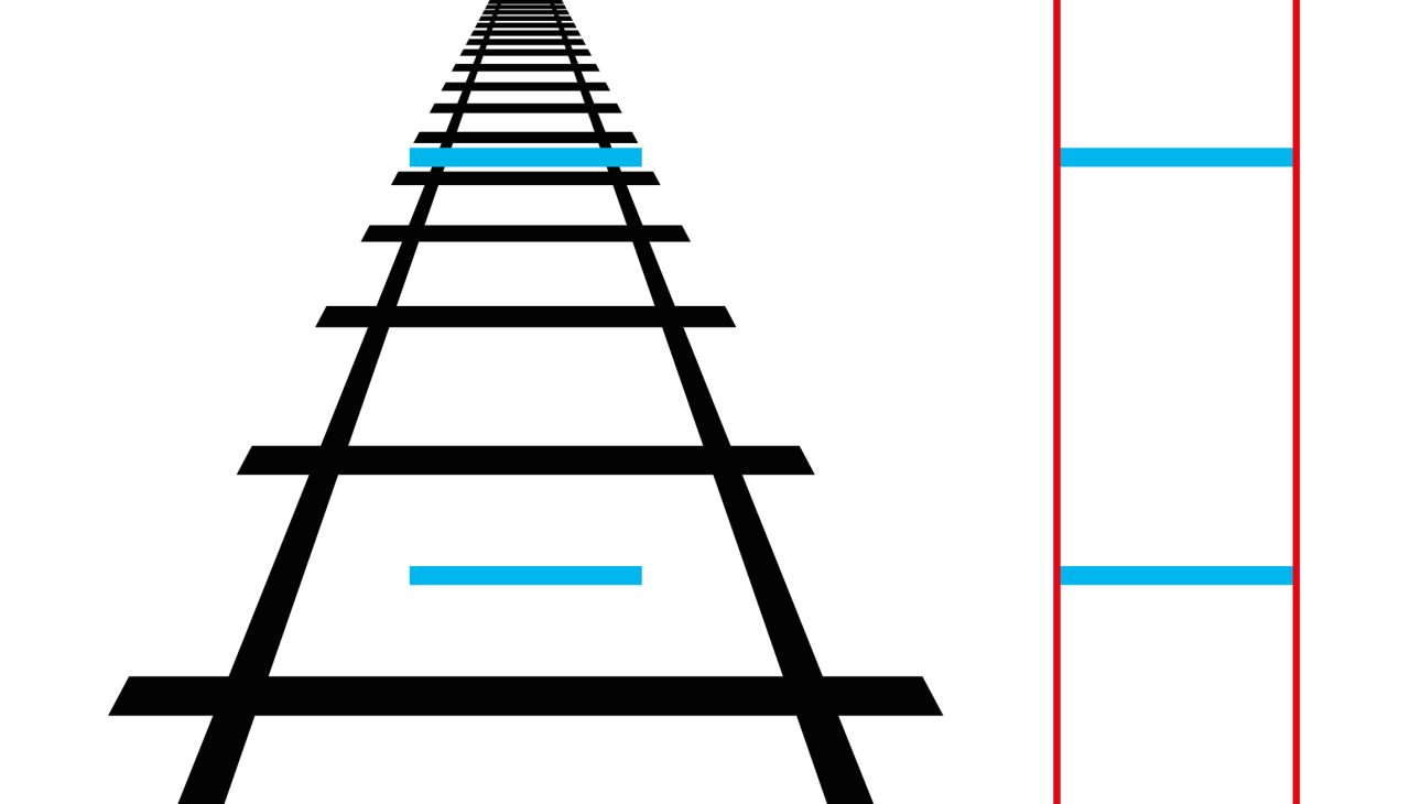 Jernbanespor der det ser ut som den øverste svillen er lengre enn den nederste.