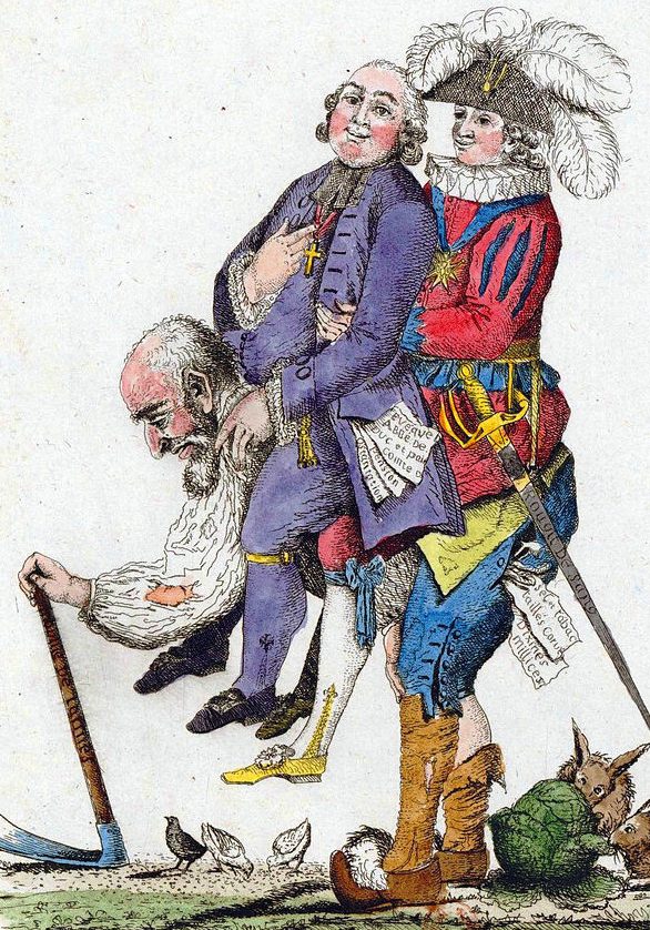 Illustrasjon om klasseskillet i Frankrike på 1700-tallet der den fattige bærer de rike på ryggen.