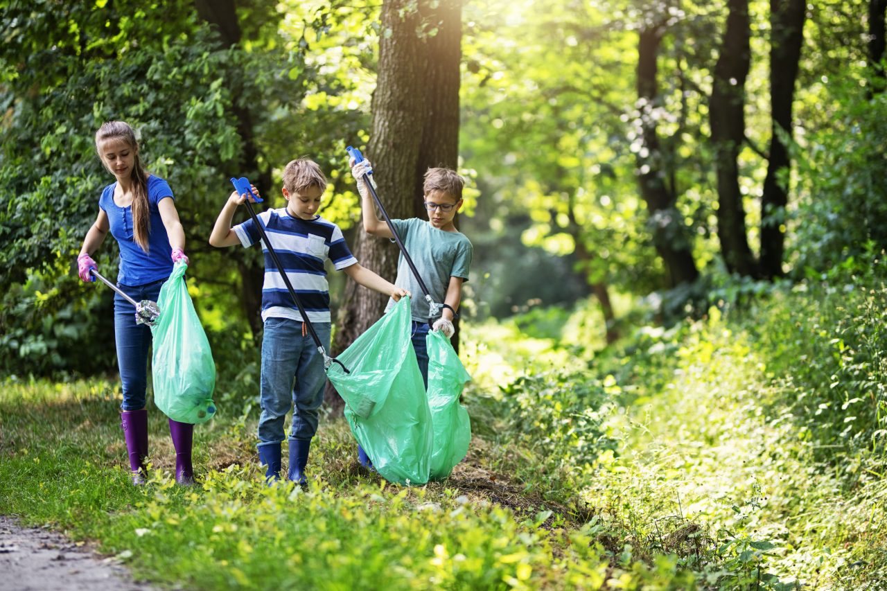 Tre barn plukker søppel i skogen med grønne sekker og gripeklør.