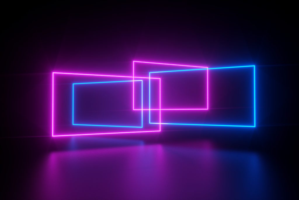 Fire rektangler i rosa og lilla neonlys.