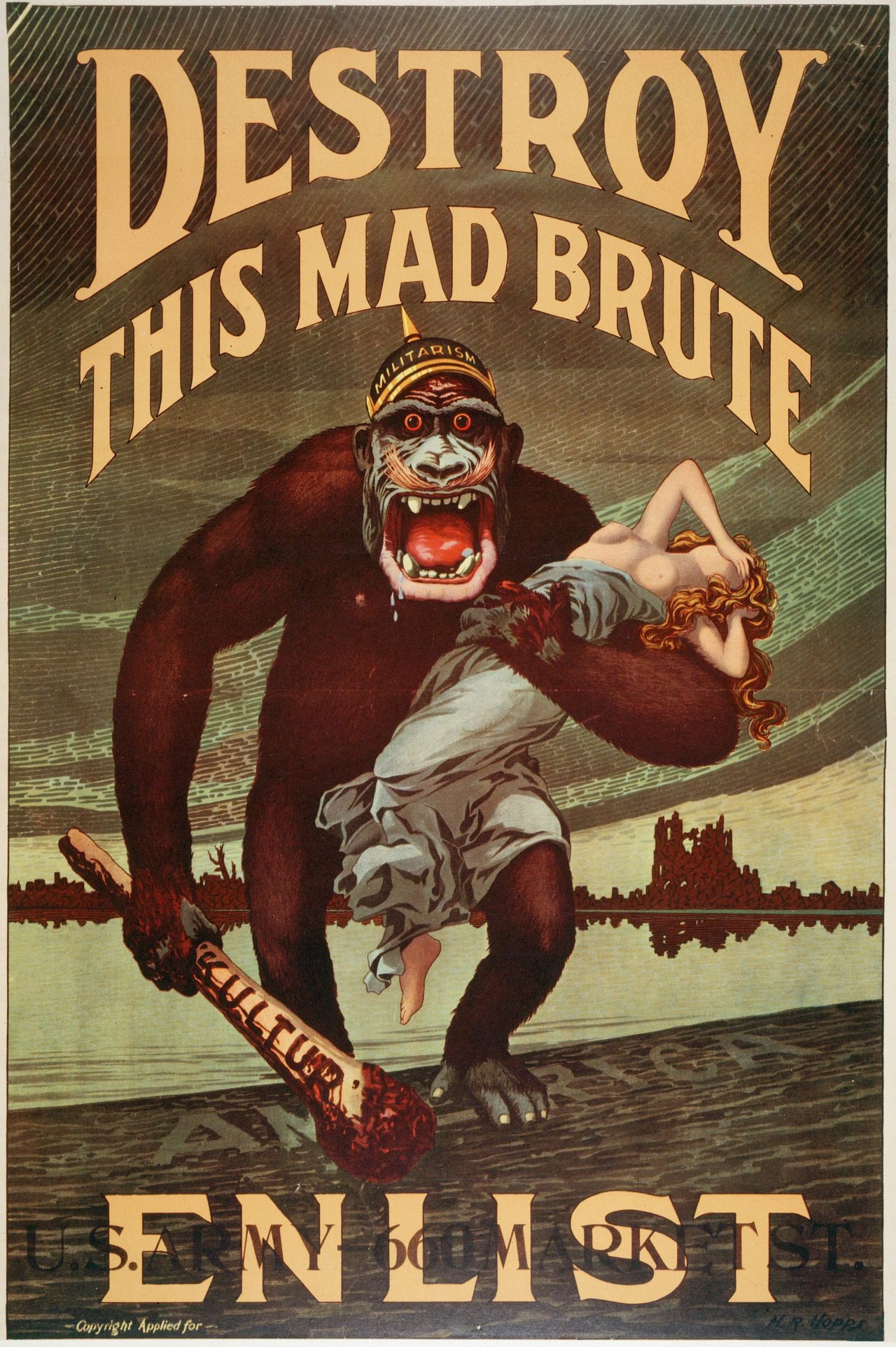 Plakat fra 1917 der Tyskland fremstilles som en gal gorilla med en halvnaken kvinne i den ene armen, og en bloddryppende klubbe i den andre.
