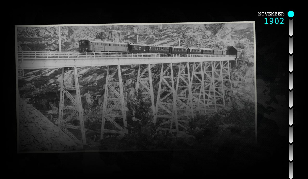 Sort hvitt postkort av en jernbanebro på Ofotbanen