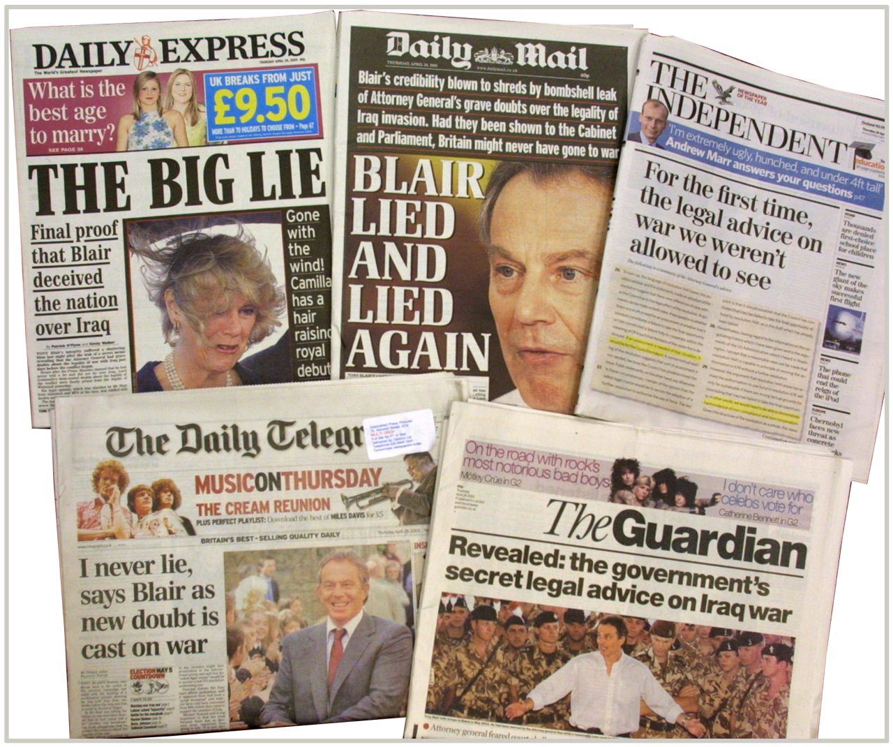 Britiske avisforsider kritiserer den britiske statsministeren for å delta i Irak-krigen.