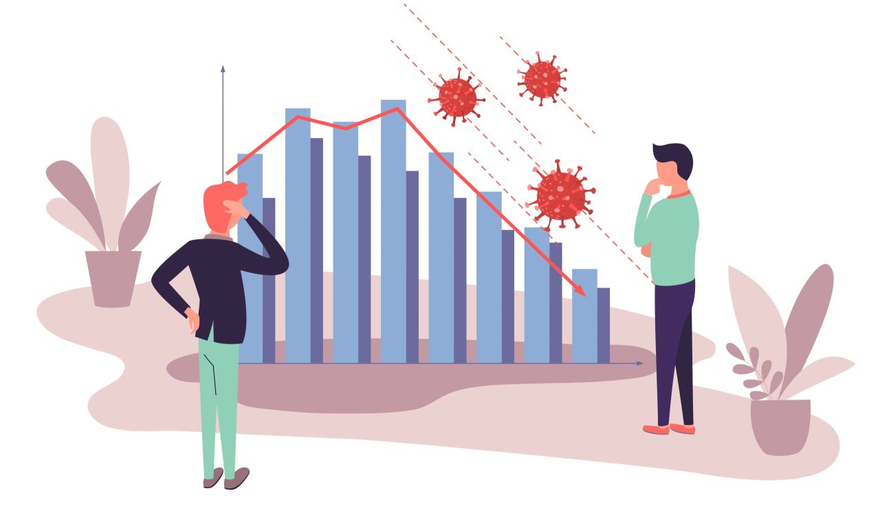 En graf som går nedover med corona ikon rundt