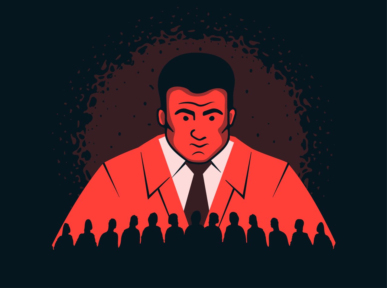 En overdimensjonert rød mann ser ned på en stor folkemengde.