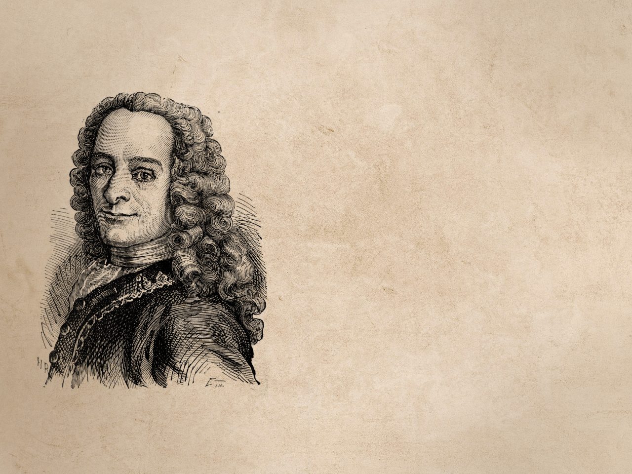 Tegning av Voltaire på gammelt papir.