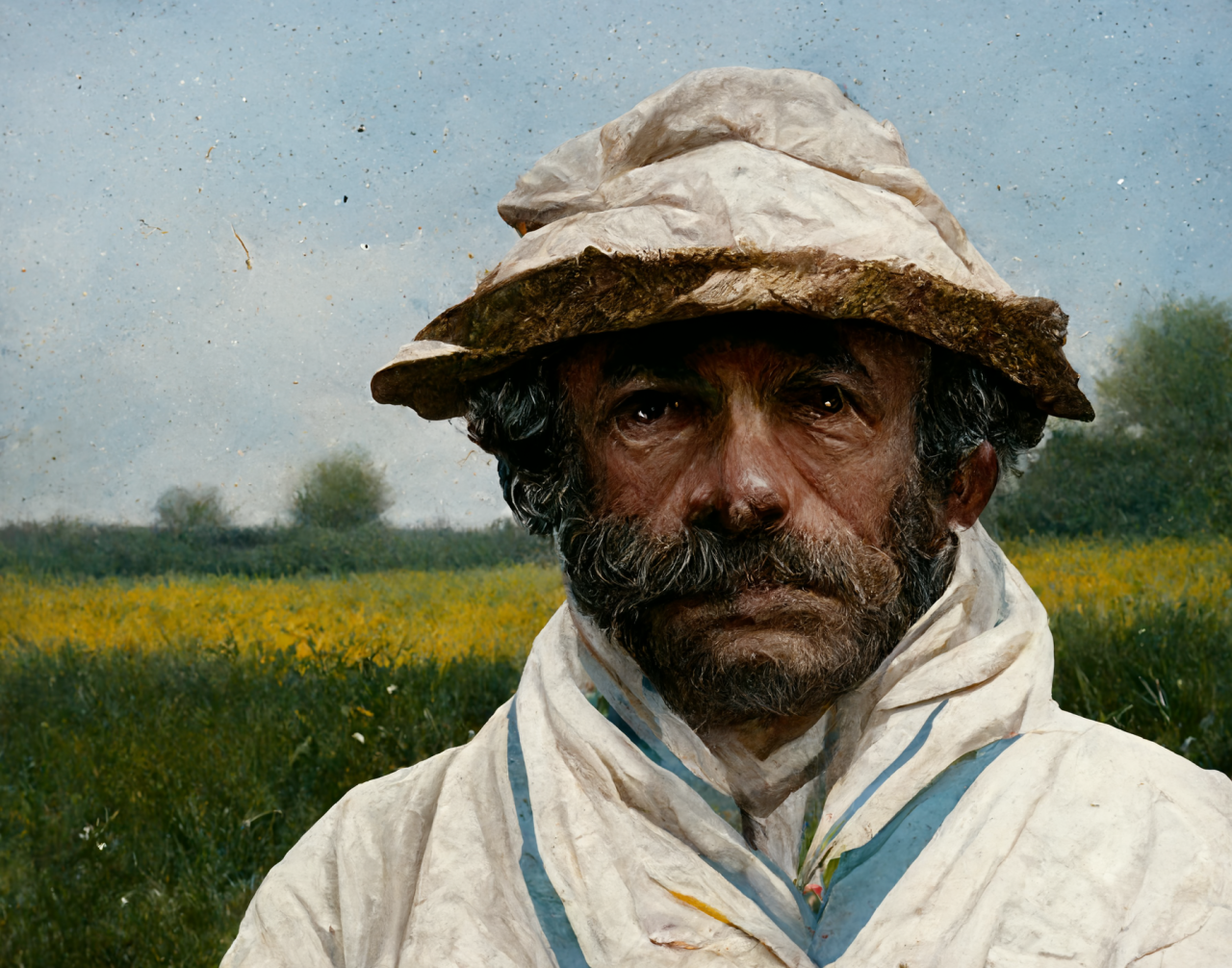Ai-generert bilde av en fransk bonde som ser i kameraet.