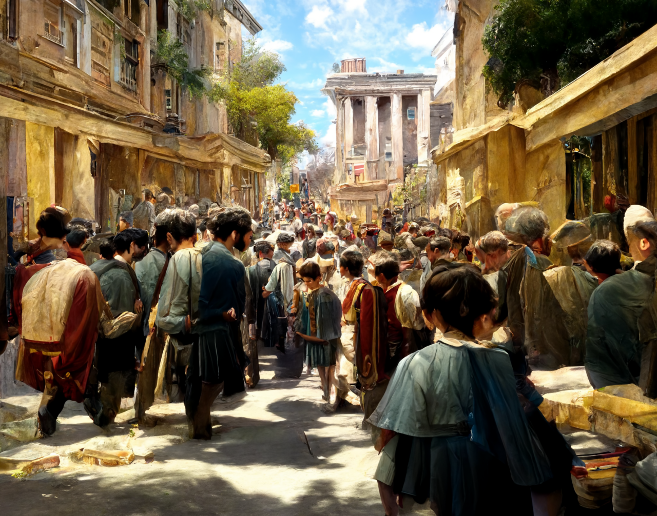 AI-generert bilde av en full gate i Athen med masse mennesker i antikkens hellas.