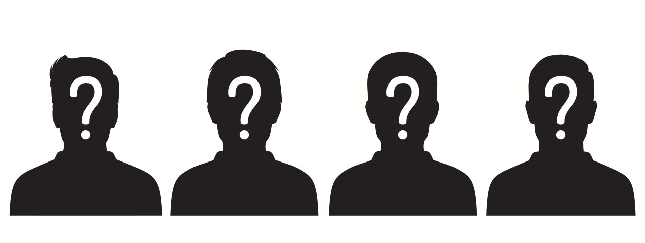 Fire sorte silhouetter med hvite spørsmålstegn foran ansiktene.