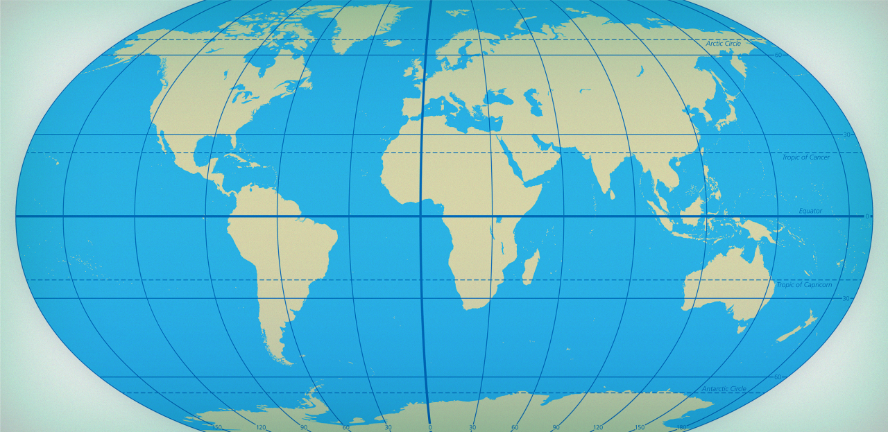 Kart over verden med markerte bredde- og lengdegrader
