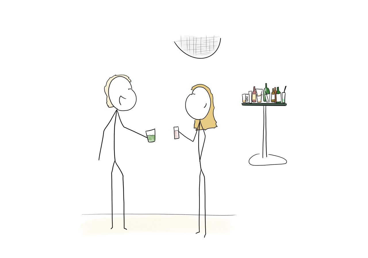 A man and a woman meeting in a bar, greeting each other by raising their glasses.