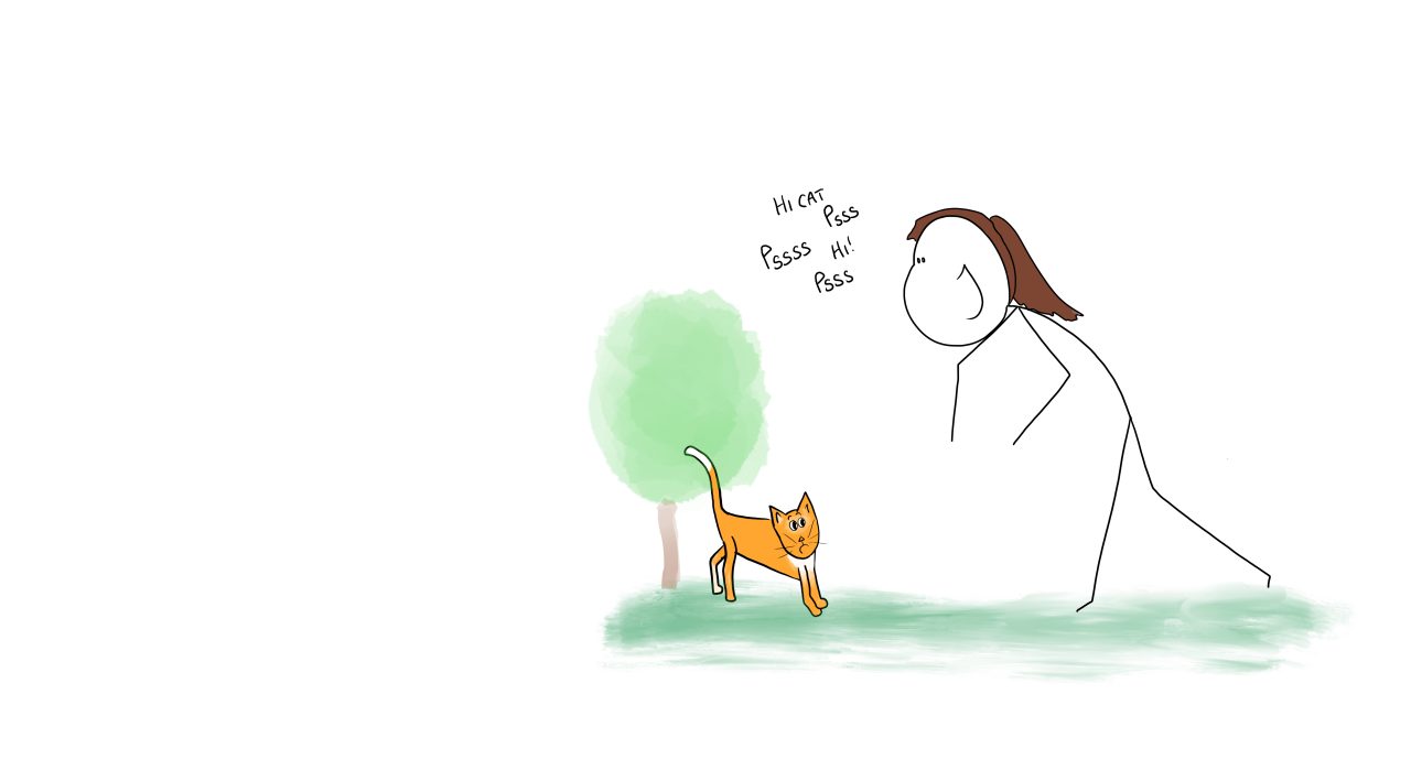 A girl approaching a cat, trying to carefully make contact.