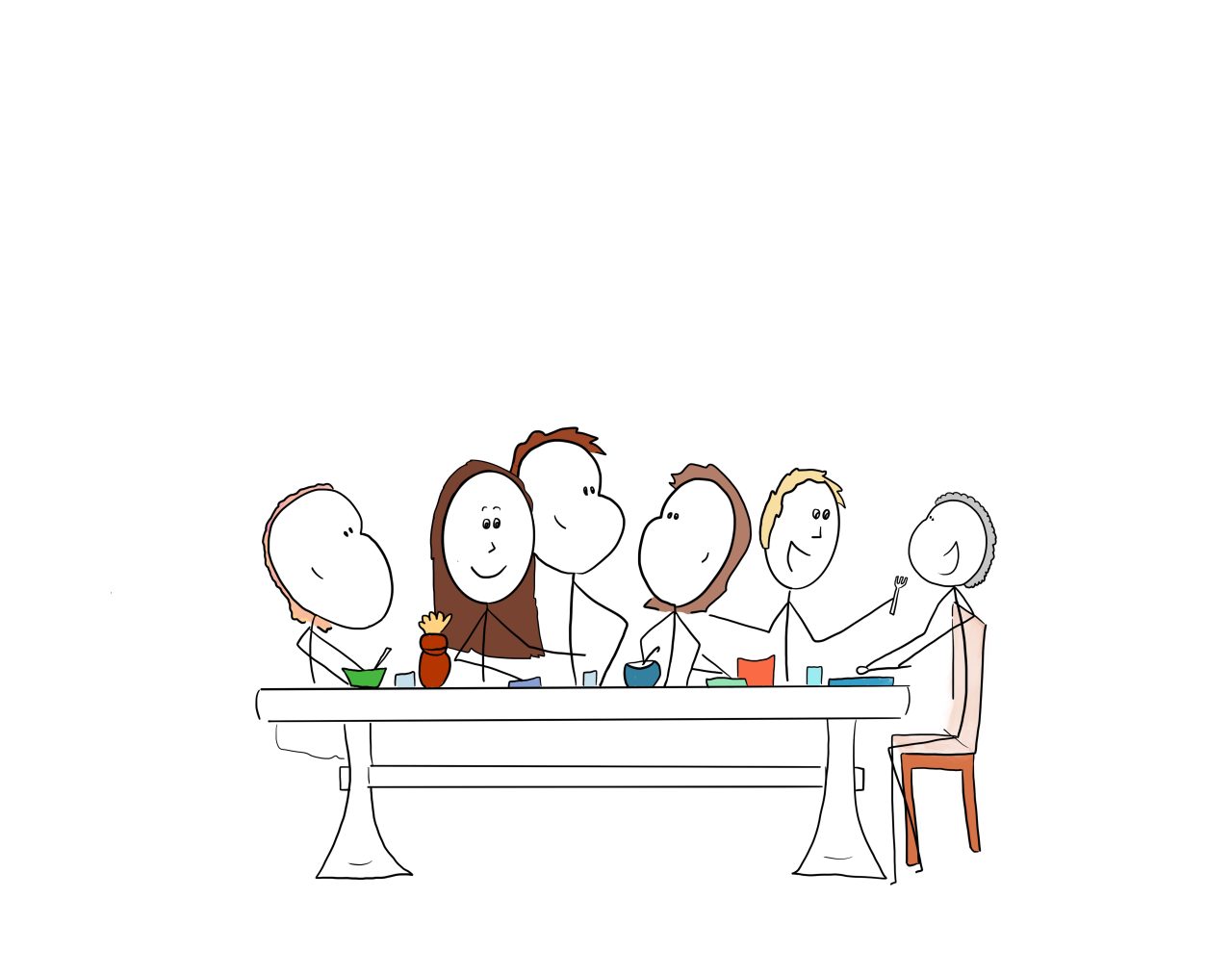 Six people sitting around a dinner table, talking and enjoying themselves.