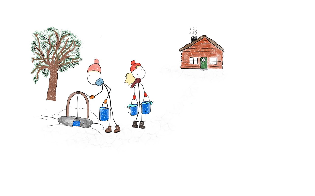 Two people getting water from a well outside a cabin in winter.