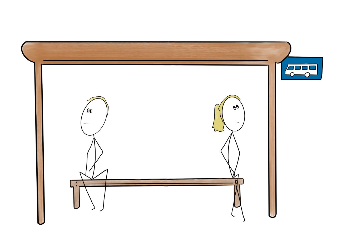 Social distancing in a bus shed. Two people sitting on either side of a bench facing away from each other.