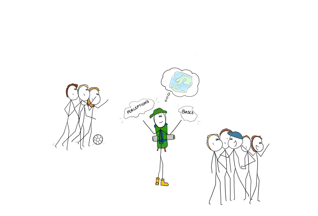 A person dressed as an adventurer, visualizing a map while walking from away from one group towards another, tossing away his biases and perceptions.