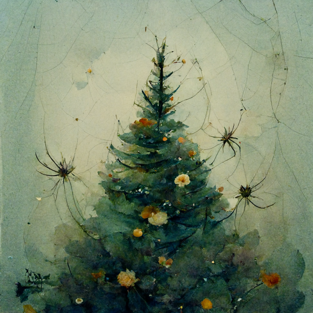 Illustrasjon av et juletre som edderkopper pynter