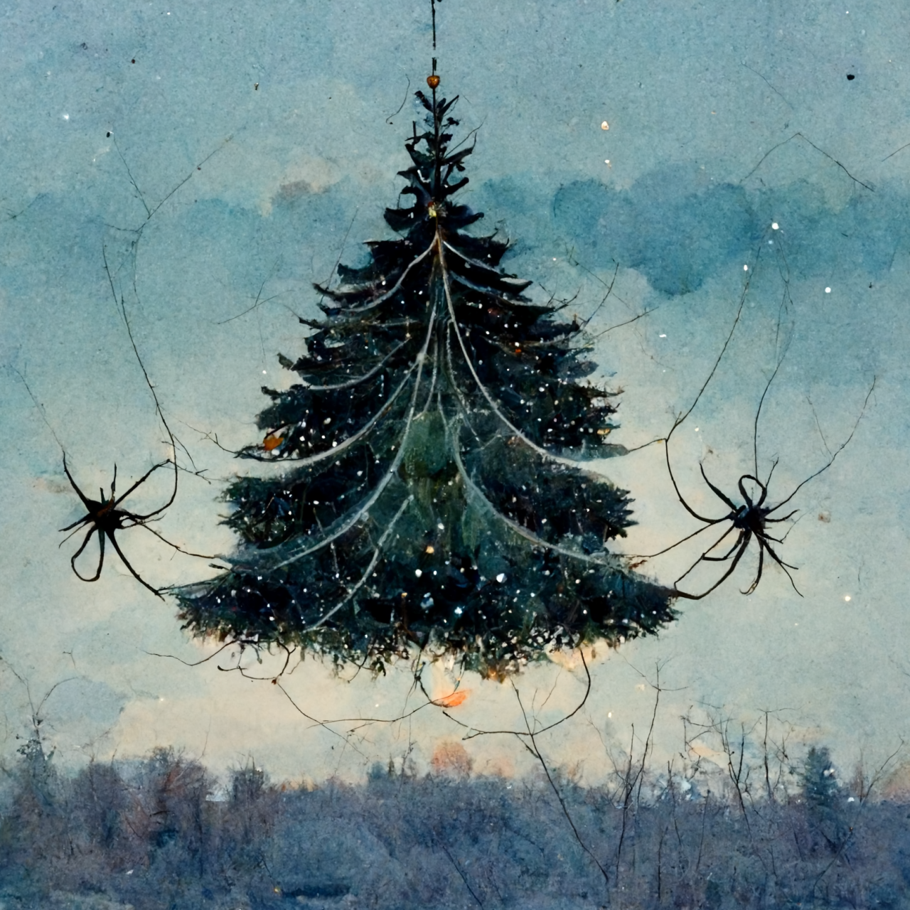 Illustrasjon av et juletre som edderkopper pynter