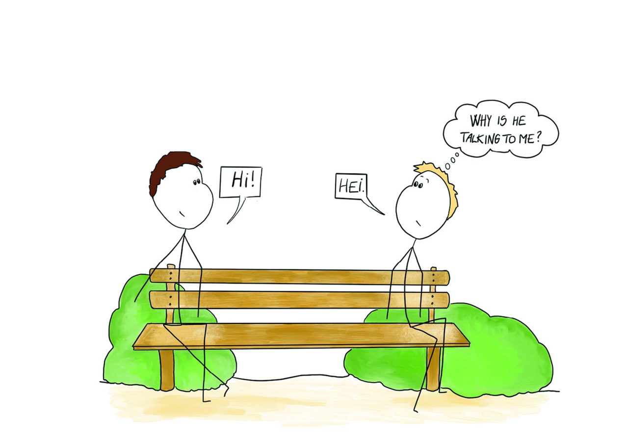 Two people sitting on either side of a bench. Both saying; hi. One of them is thinking; Why is he talking to me?