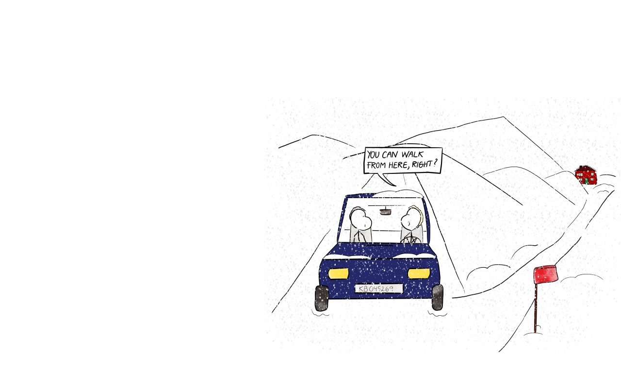 Two people in a car in the snow. The driver asks the passenger; 