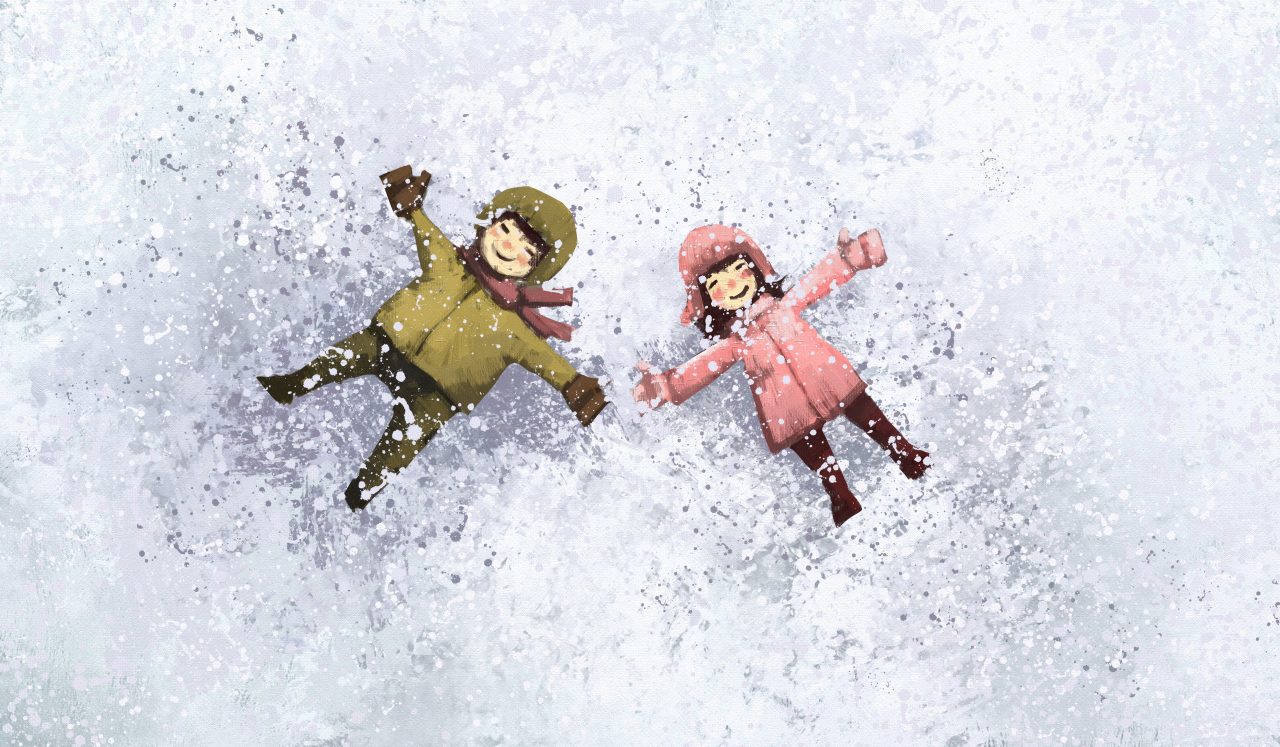 Illustrasjon av barn leker i snøen