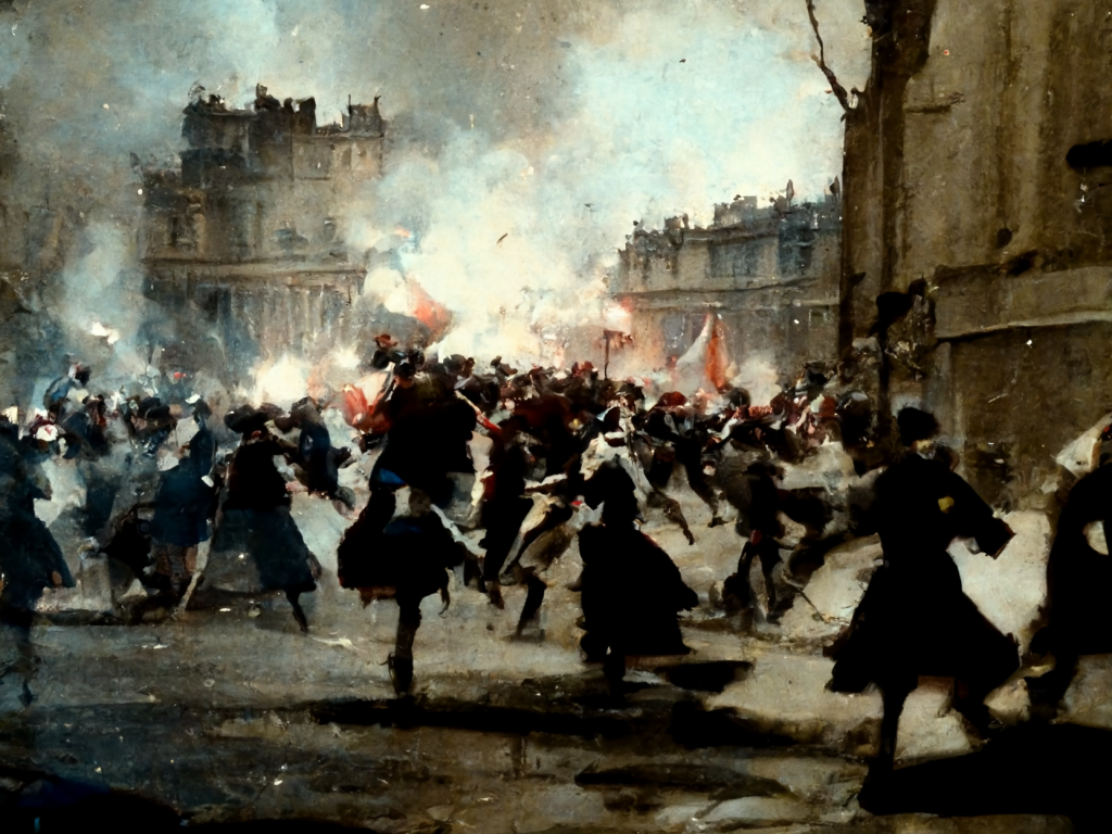 AI-generert bilde av kamper under den franske revolusjonen i gatene i Paris.