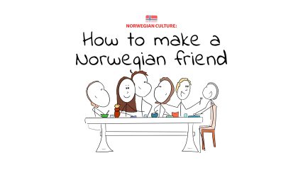 Several people having dinner and enjoying themselves. The title "How to make a Norwegian friend" displayed above the drawing.