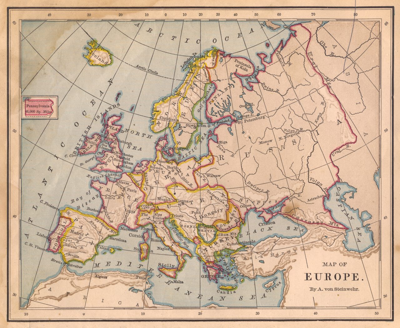 Gammelt gulnet kart over Europa.