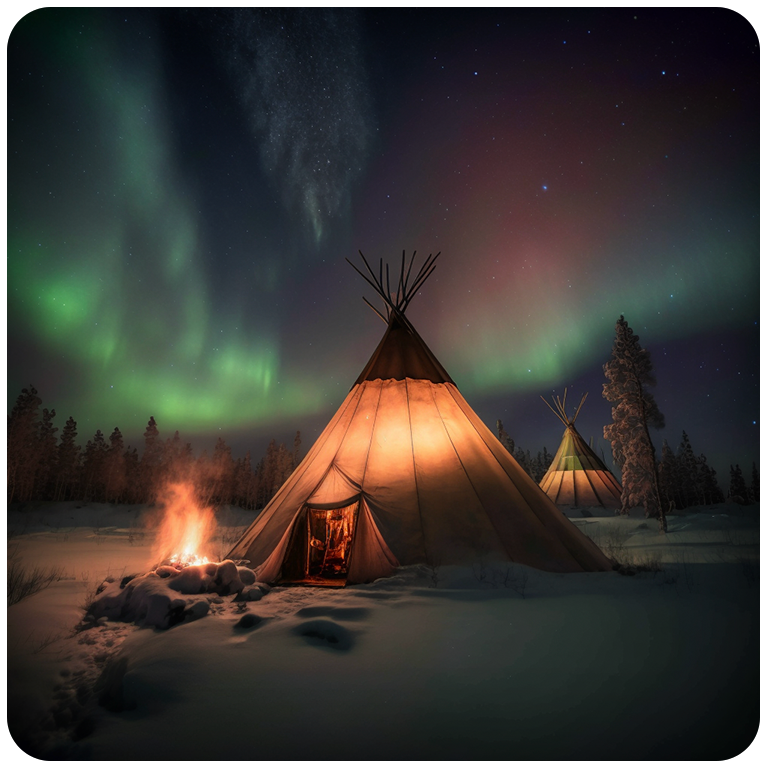 En samisk lavvo på natterstid med nordlyset på himmelen i bakgrunnen.