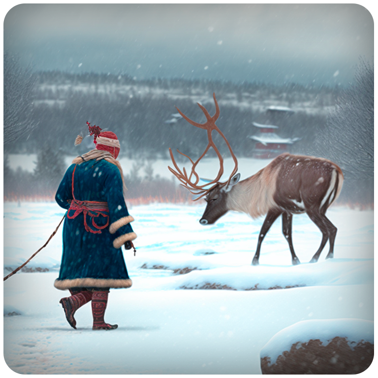 Samisk person går i snøen ved siden av et reinsdyr