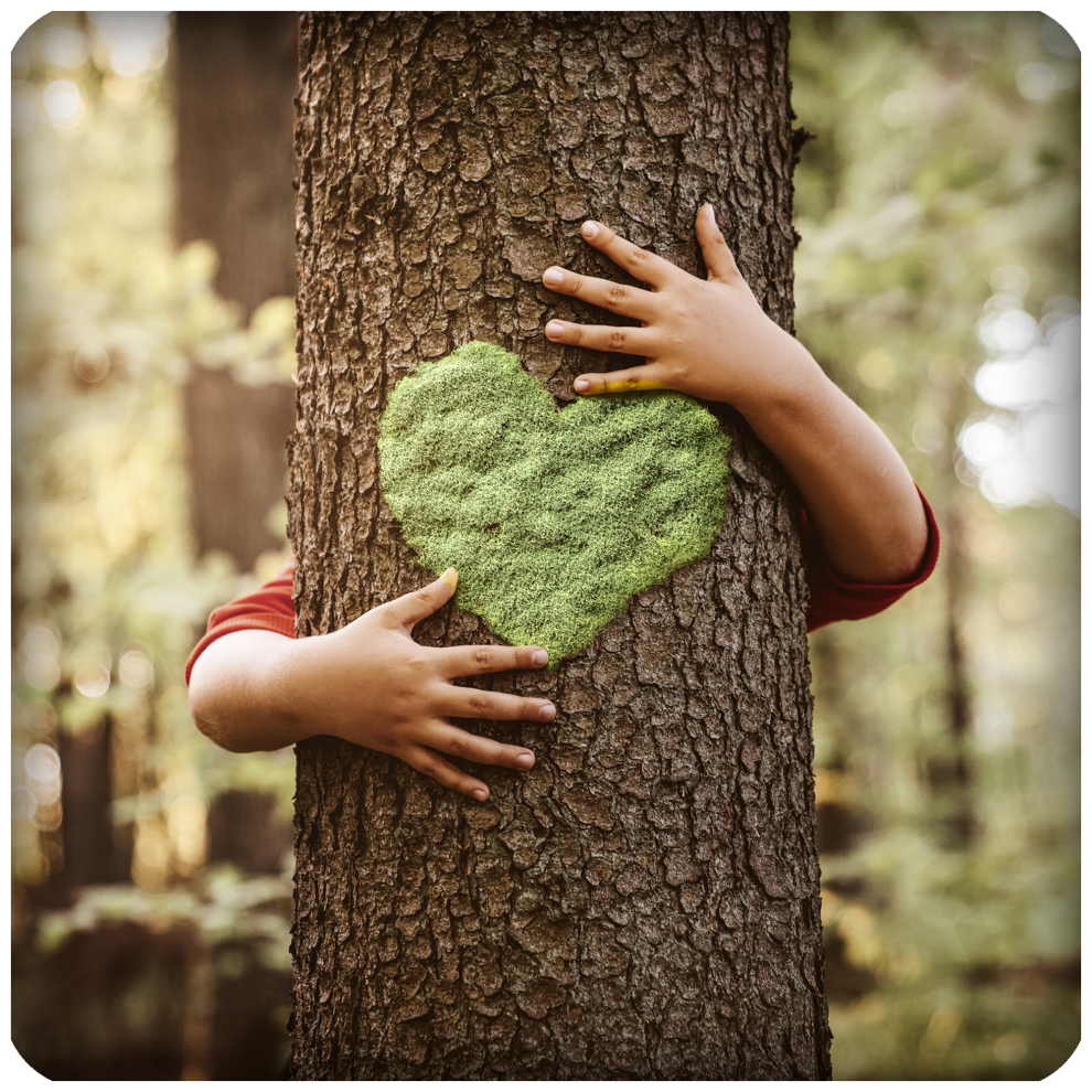 Et barn armer som holder rundt et tre. Et hjerte av mose er på midten av treet.