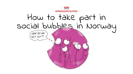 Several people inside a pink bubble. One person thinking; How do we get out of here?