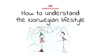 Two people with hats and scarves meeting in the snowy mountains. One smiles and says Welcome to Norway!