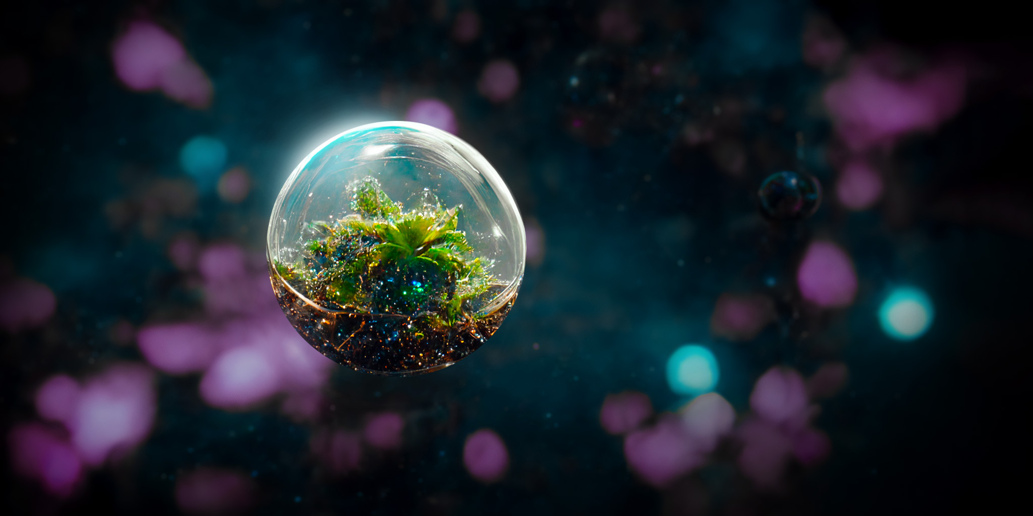 En plante vokser inne i en glasskule som svever vektløst rundt i verdensrommet.
