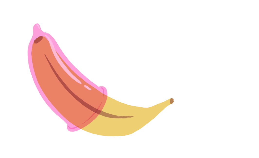 En illustrert banan med en rosa kondom trukket over seg.