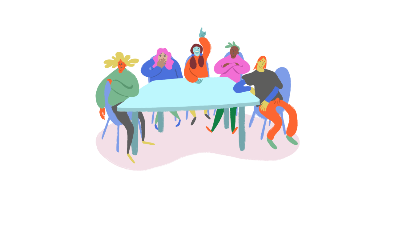 Fem illustrerte figurer som sitter rundt et bord. Den ene figuren rekker opp hånden.
