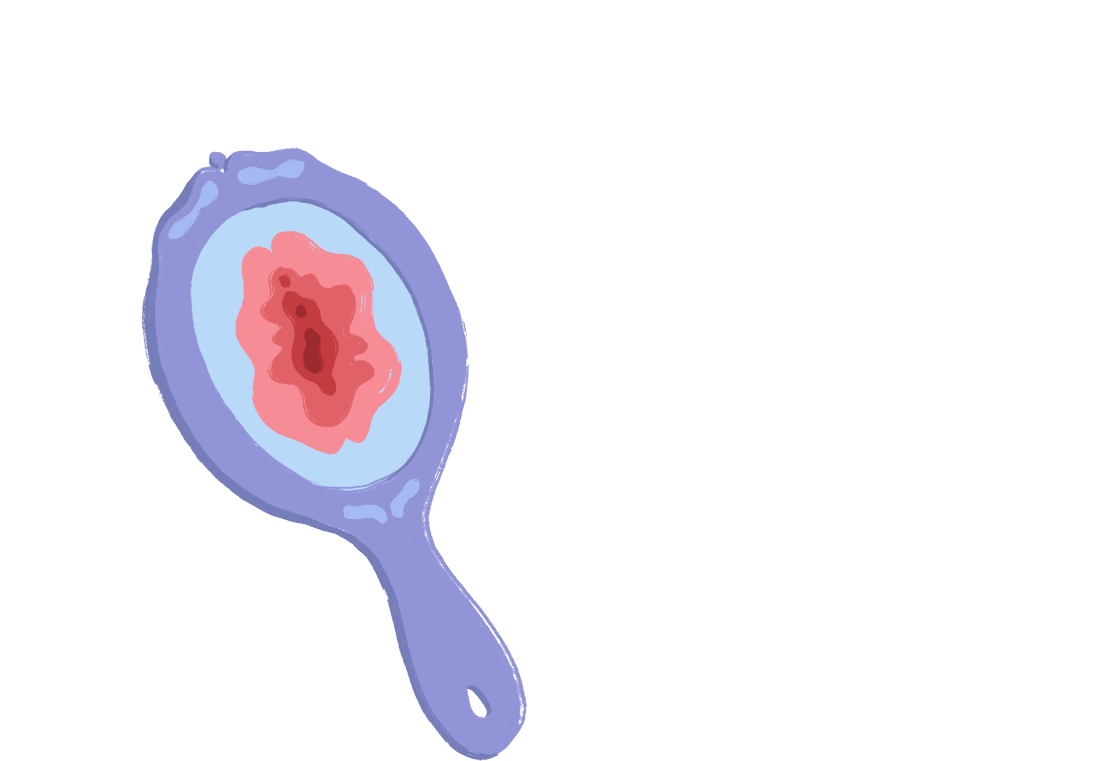 Illustrasjon av et lilla håndspeil hvor speilbildet viser en rosa vulva.