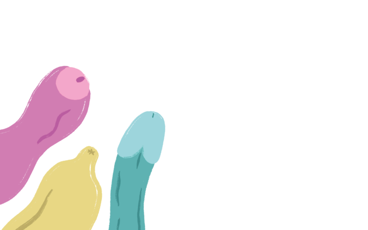 Tre illustrerte peniser i ulike former og farger.