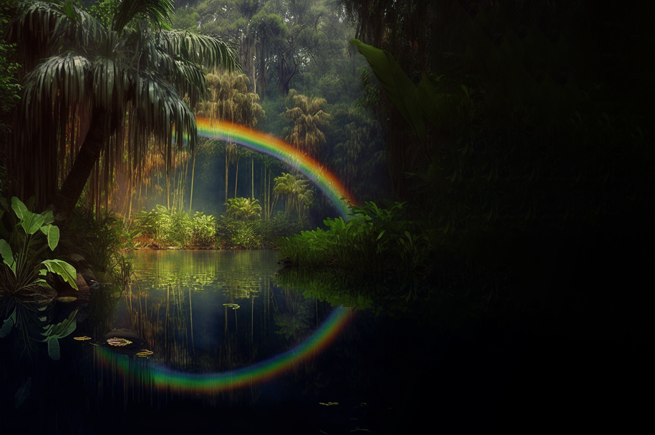 En regnbue går over en liten innsjø i jungelen.